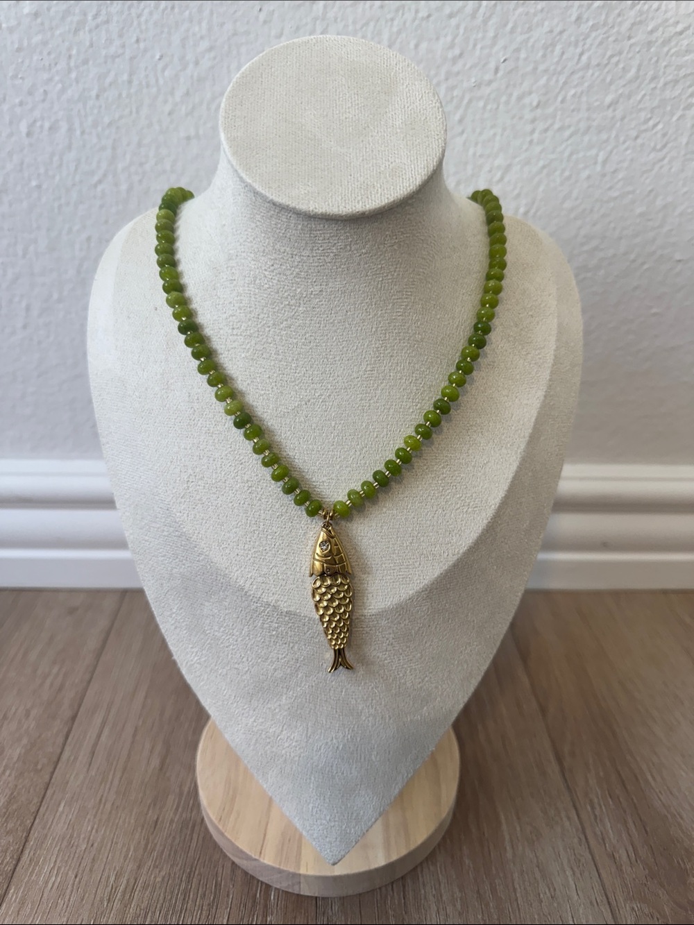 Anthropologie Green Beaded Necklace with Gold Fish Charm